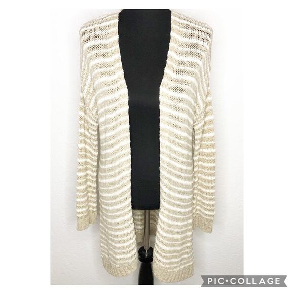 Soft Surroundings tan cream striped knit open front long cardigan sweater Small - Picture 1 of 14